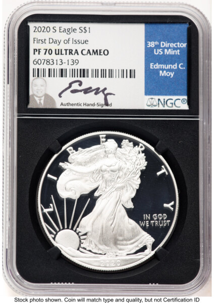 2020-S Proof Silver Eagle 1 oz FDI Ed Moy Blk Core 70 NGC