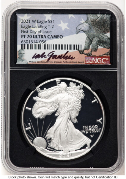 2021-W TY2 Proof Silver Eagle 1 oz FDI Michael Gaudioso Eagle Flag Blk Core 70 NGC