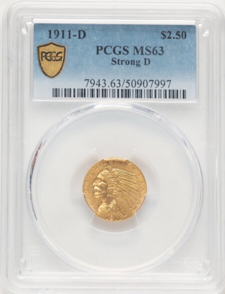 1911-D $2 1/2 PCGS Secure Blue Gradient 63 PCGS