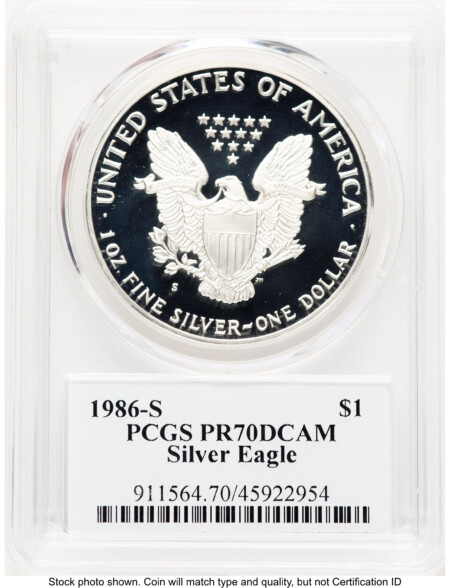 1986-S Proof Silver Eagle 1 oz TD Rogers 70 PCGS