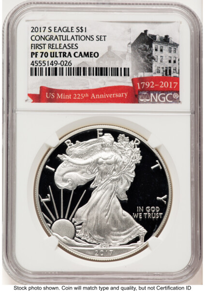 2017-S Proof Silver Eagle Congratulations Set 1 oz FR 225th Anniversary Label 70 NGC