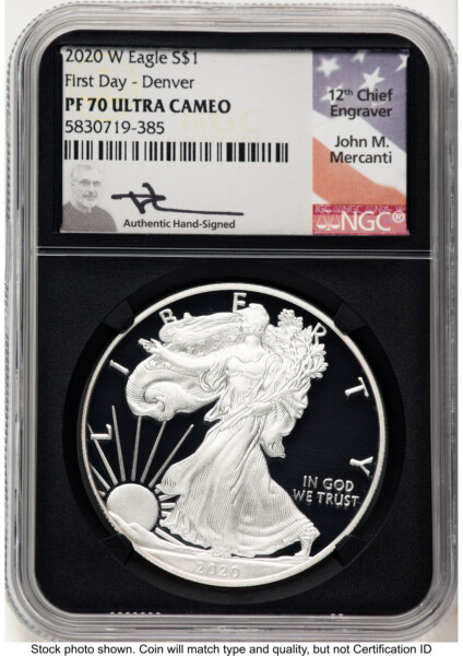 2020-W Proof Silver Eagle 1 oz FDI John Mercanti Denver Blk Core 70 NGC