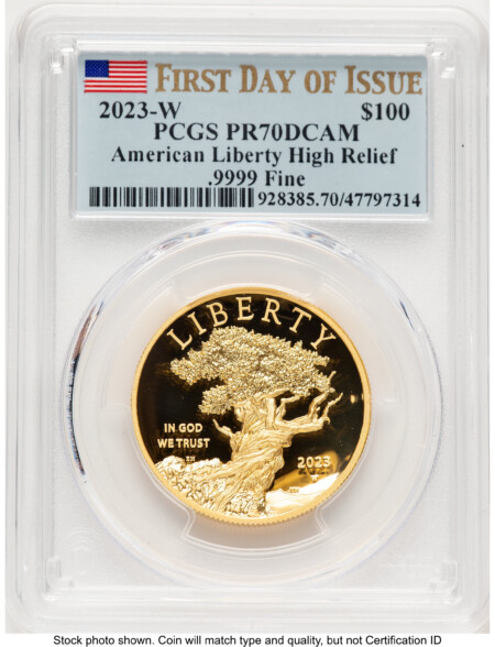 2023-W G$100 American Liberty High Relief, DC FDI Flag 70 PCGS