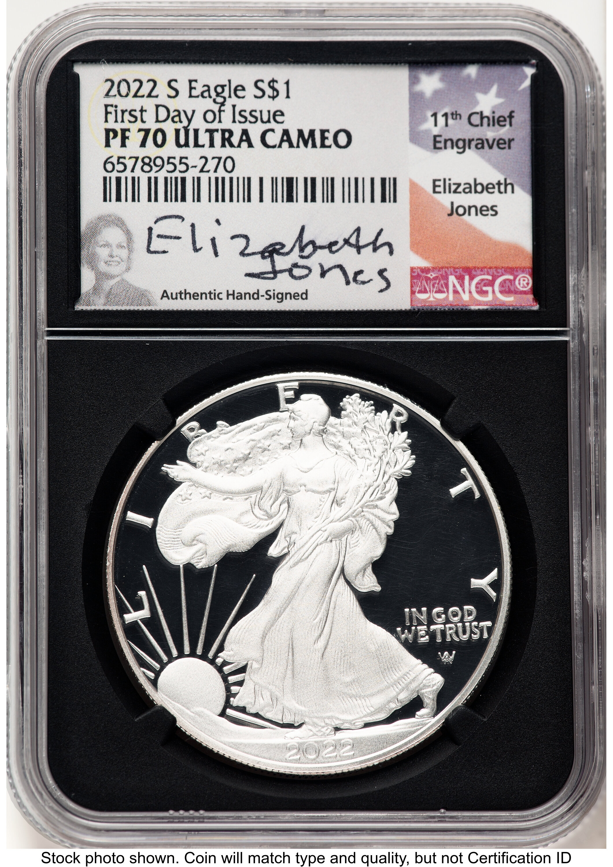 2022-S Proof Silver Eagle 1 oz FDI Elizabeth Jones Blk Core 70 NGC