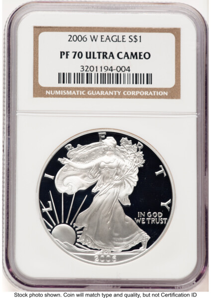 2006-W Proof Silver Eagle 1 oz Brown Label 70 NGC