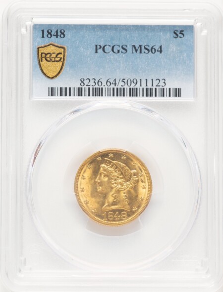 1848 $5 PCGS Secure Blue Gradient 64 PCGS