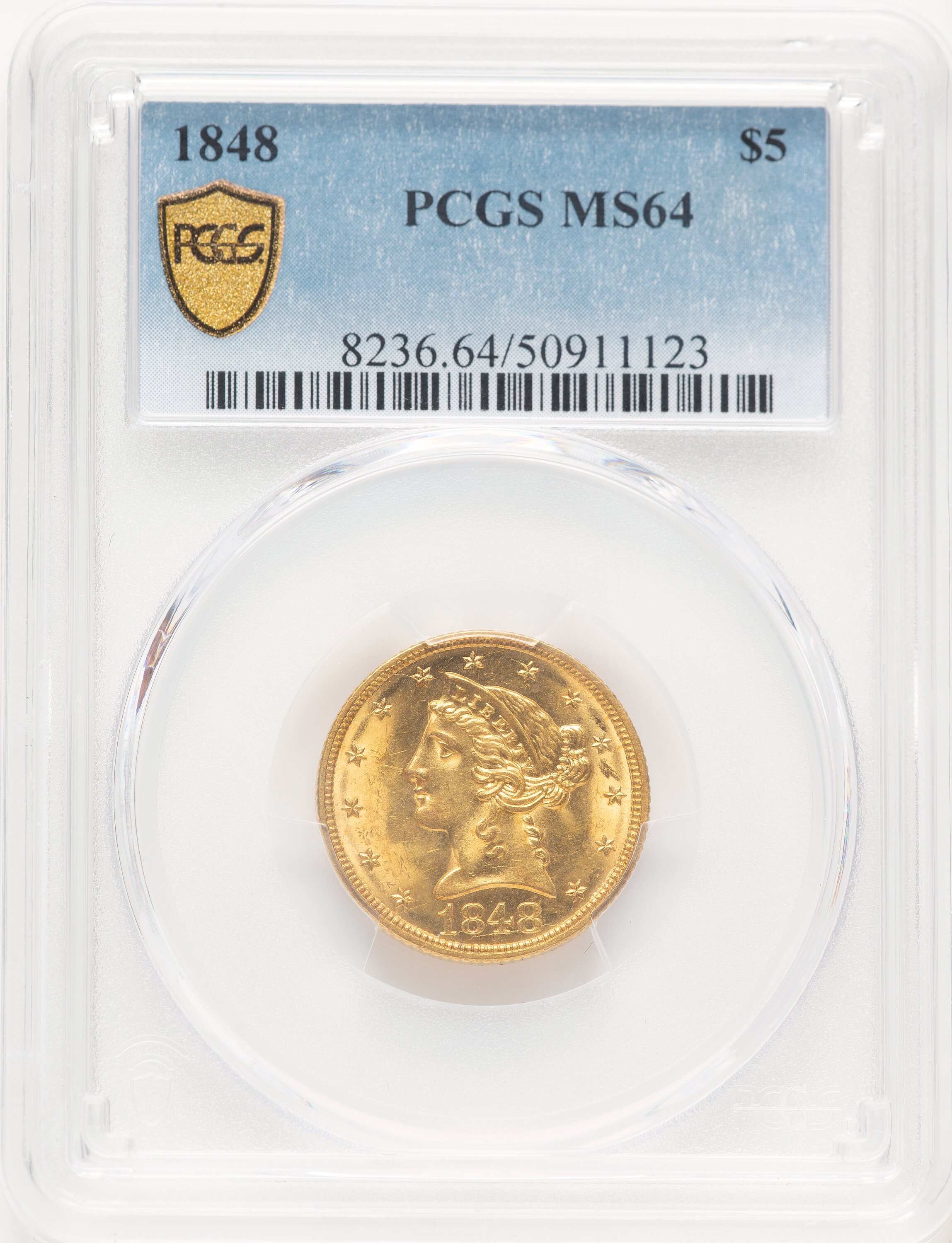 1848 $5 PCGS Secure Blue Gradient 64 PCGS