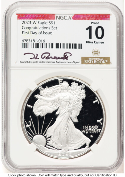 2023-W Proof Silver Eagle Congratulations Set 1 oz FDI Kenneth Bressett Red Book X-Label 10 NGCX
