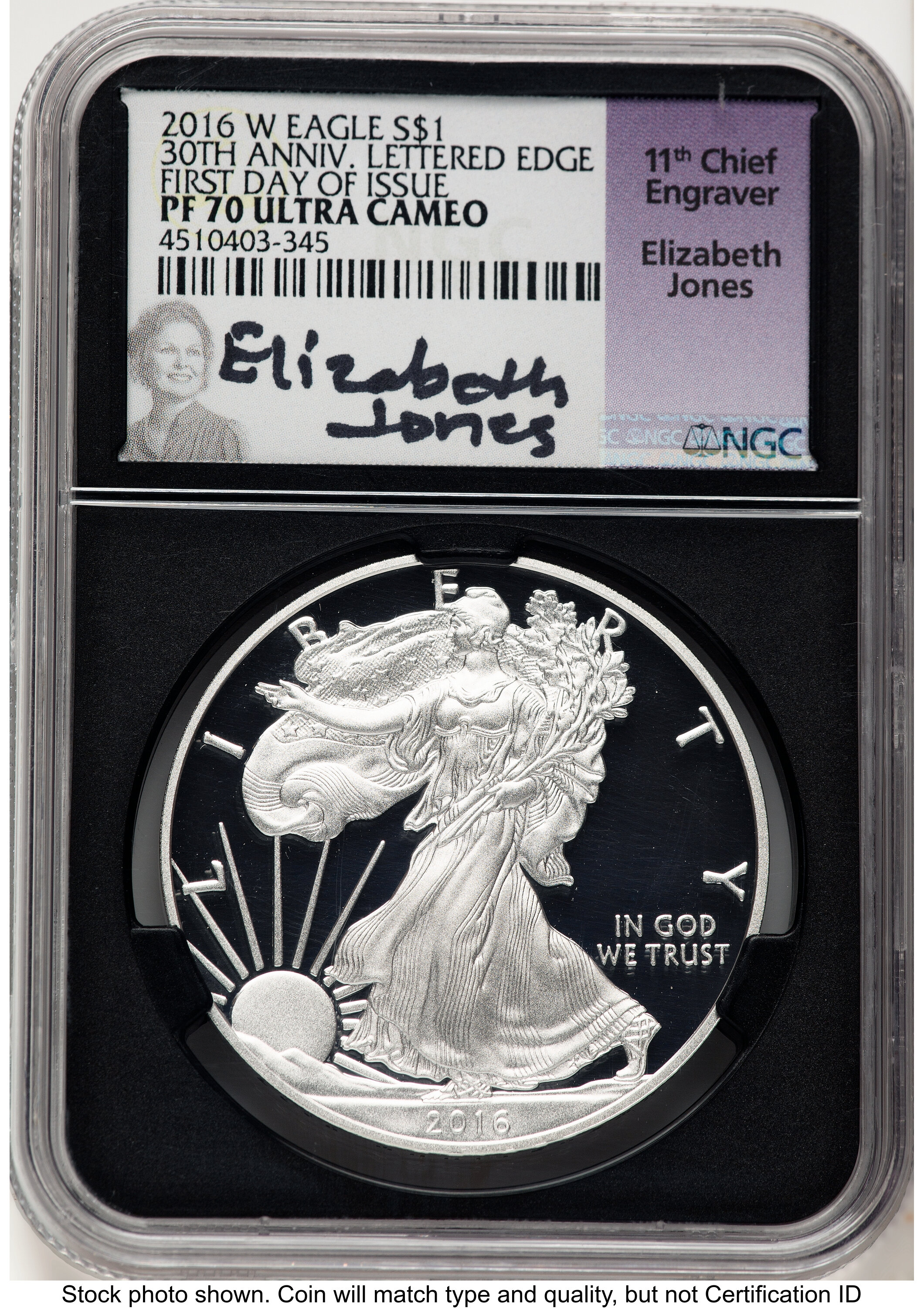2016-W Proof Silver Eagle 1 oz FDI Elizabeth Jones Blk Core 70 NGC