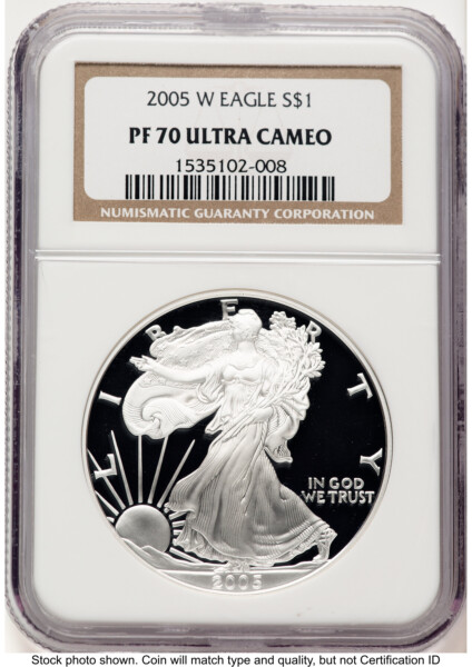 2005-W Proof Silver Eagle 1 oz Brown Label 70 NGC
