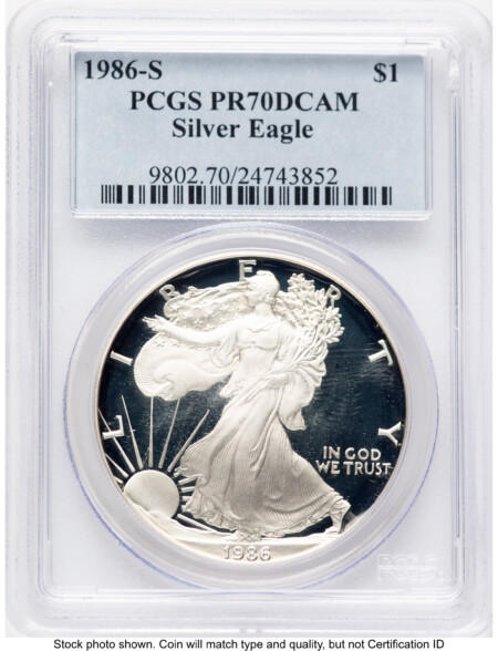 1986-S Proof Silver Eagle 1 oz Blue Label 70 PCGS