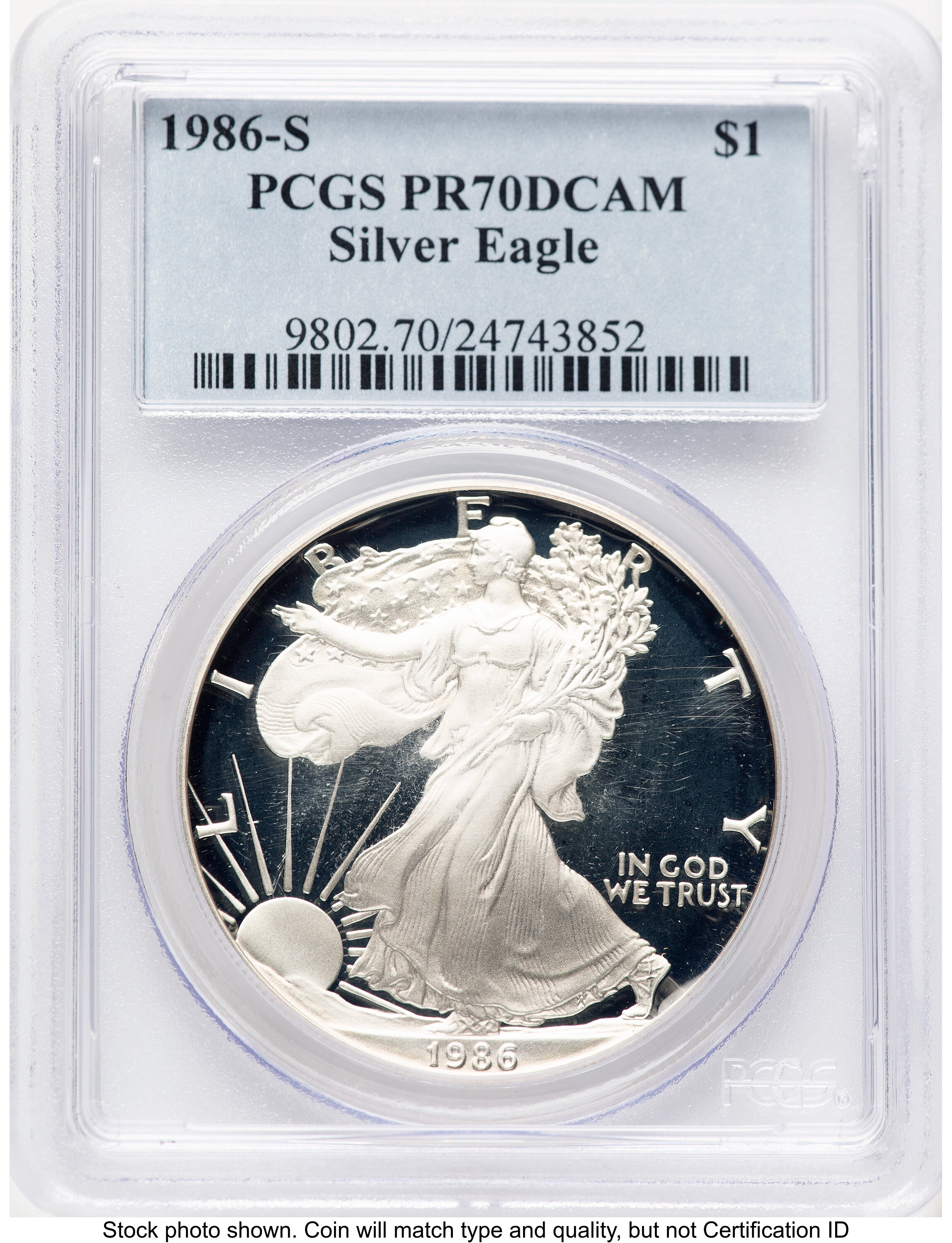 1986-S Proof Silver Eagle 1 oz Blue Label 70 PCGS