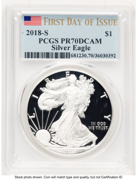 2018-S Proof Silver Eagle 1 oz FDI Flag 70 PCGS