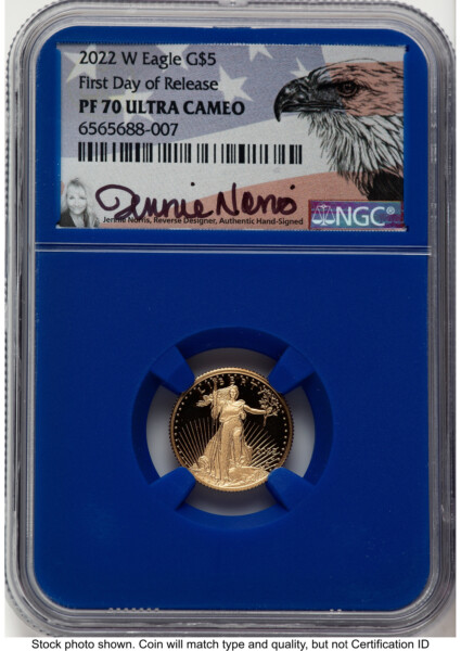 2022-W Proof Gold Eagle 1/10 oz FDR Jennie Norris Blue Core 70 NGC