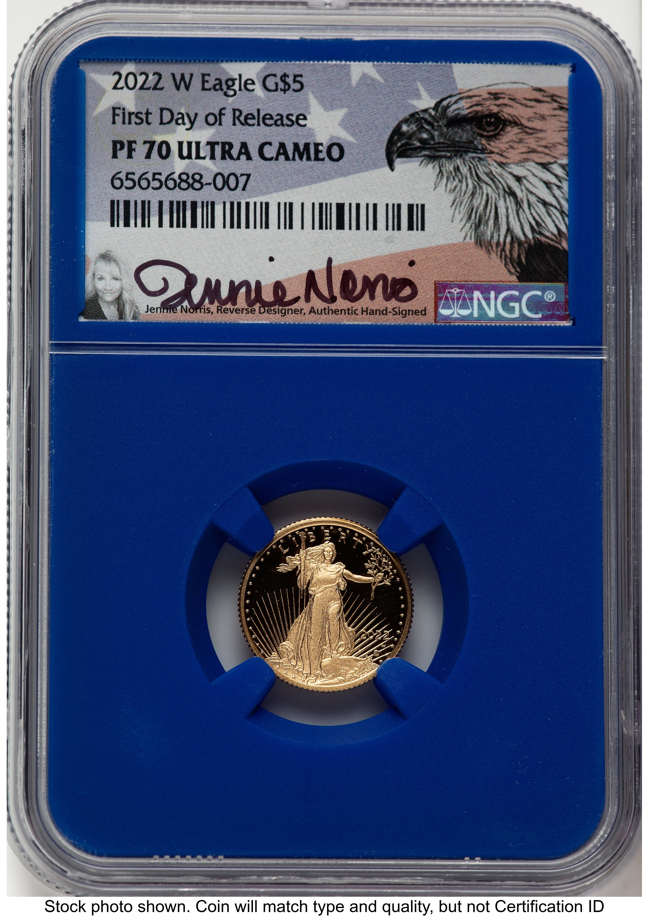 2022-W Proof Gold Eagle 1/10 oz FDR Jennie Norris Blue Core 70 NGC