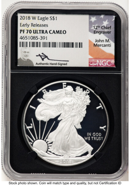 2018-W Proof Silver Eagle 1 oz ER John Mercanti Blk Core 70 NGC