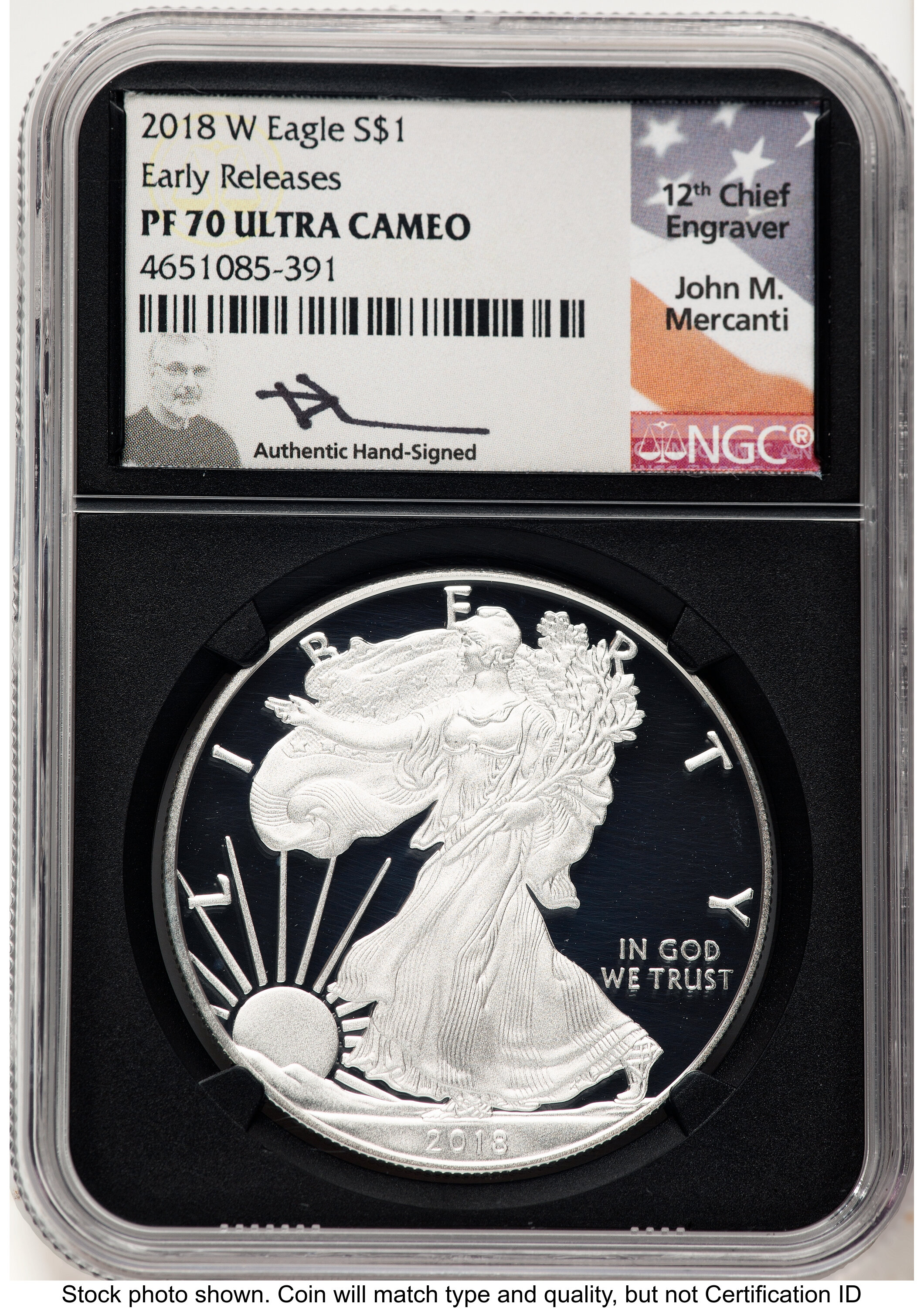 2018-W Proof Silver Eagle 1 oz ER John Mercanti Blk Core 70 NGC
