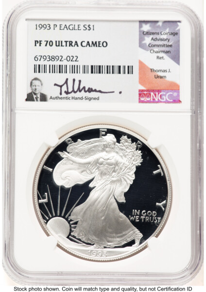 1993-P Proof Silver Eagle 1 oz Thomas Uram 70 NGC