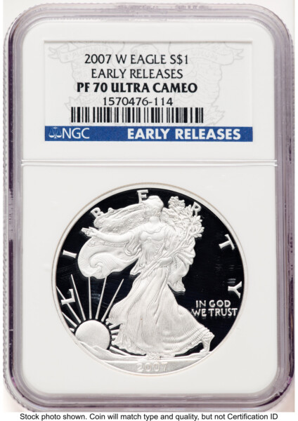2007-W Proof Silver Eagle 1 oz ER Blue 70 NGC