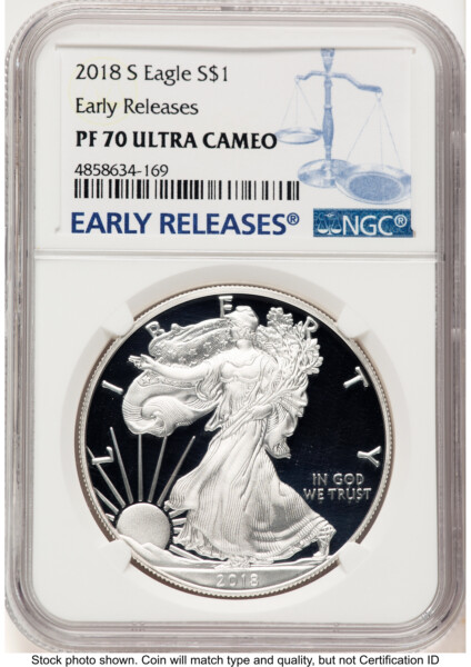 2018-S Proof Silver Eagle 1 oz ER Blue 70 NGC