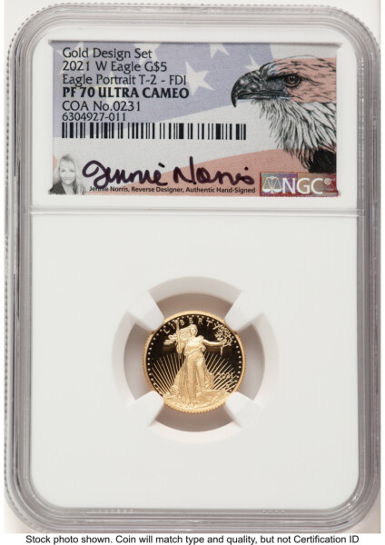 2021-W Type 2 Proof Gold Eagle 1/10 oz FDI Jennie Norris 70 NGC