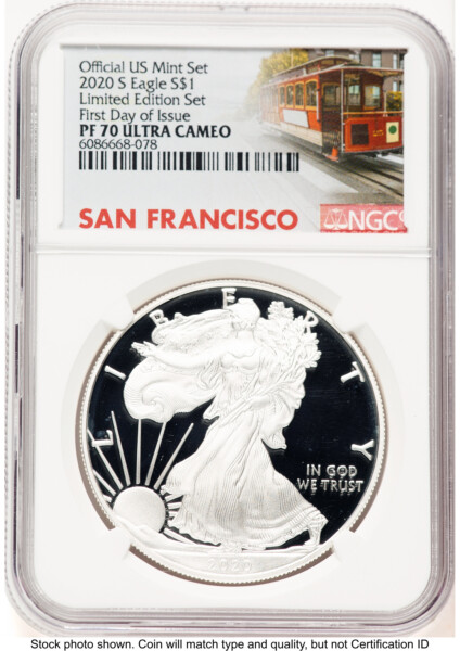 2020-S Proof Silver Eagle Limited Edition Proof Set 1 oz FDI Trolley Label 70 NGC