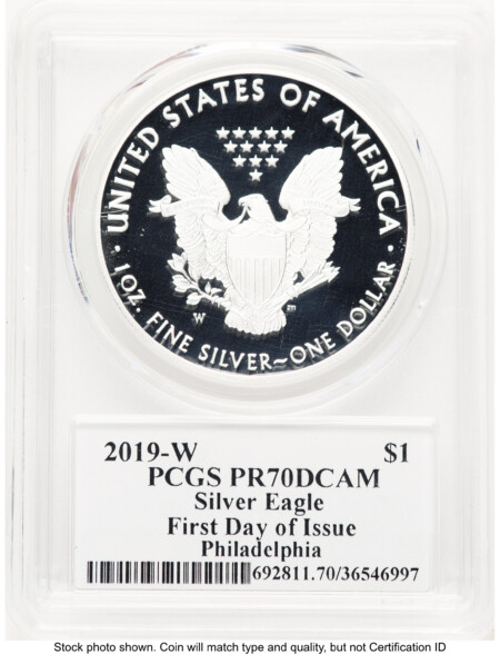 2019-W Proof Silver Eagle 1 oz FDI John Mercanti Philadelphia 70 PCGS
