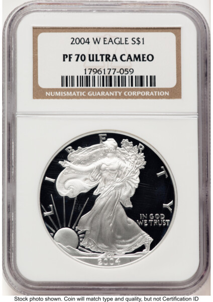 2004-W Proof Silver Eagle 1 oz Brown Label 70 NGC