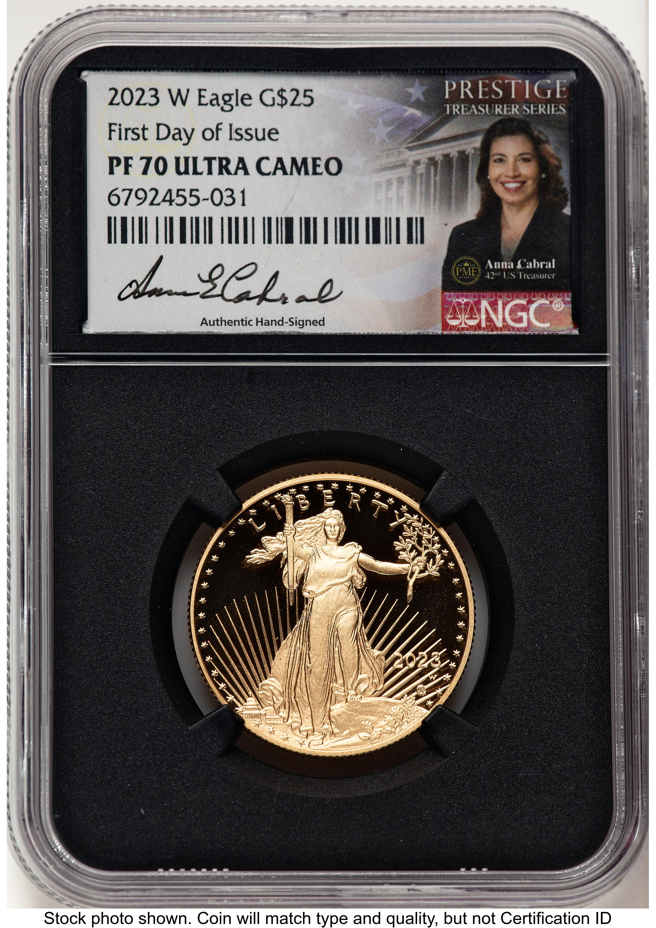 2023-W Proof Gold Eagle 1/2 oz FDI Anna Cabral Prestige Treasurer Series Blk Core 70 NGC