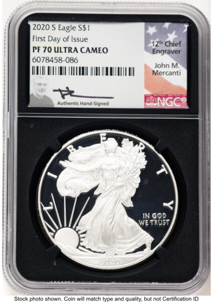 2020-S Proof Silver Eagle 1 oz FDI John Mercanti Blk Core 70 NGC