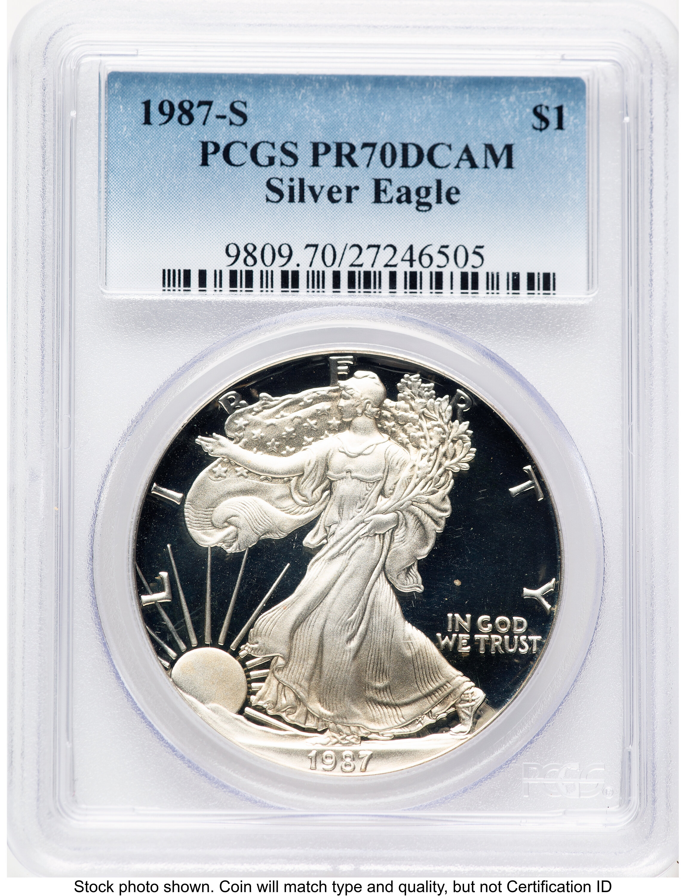 1987-S Proof Silver Eagle 1 oz Blue Gradient 70 PCGS