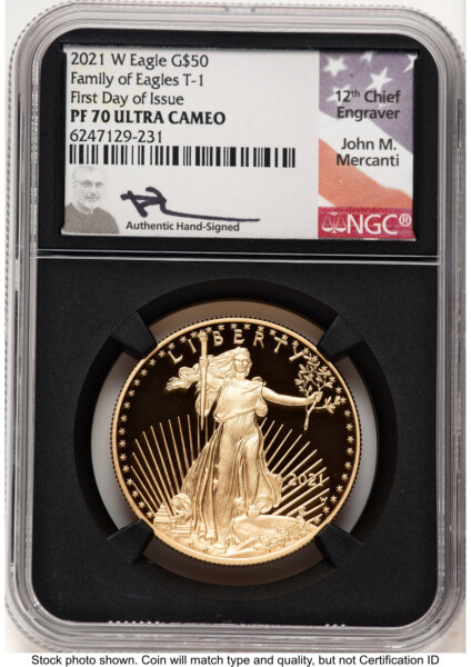 2021-W Type 1 Proof Gold Eagle 1 oz FDI John Mercanti Blk Core 70 NGC