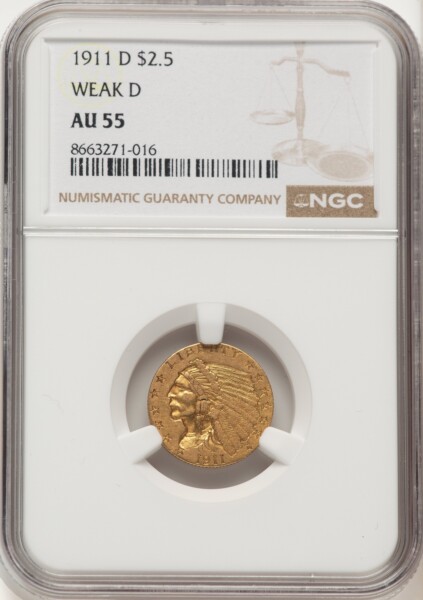 1911-D $2 1/2 WEAK D 55 NGC