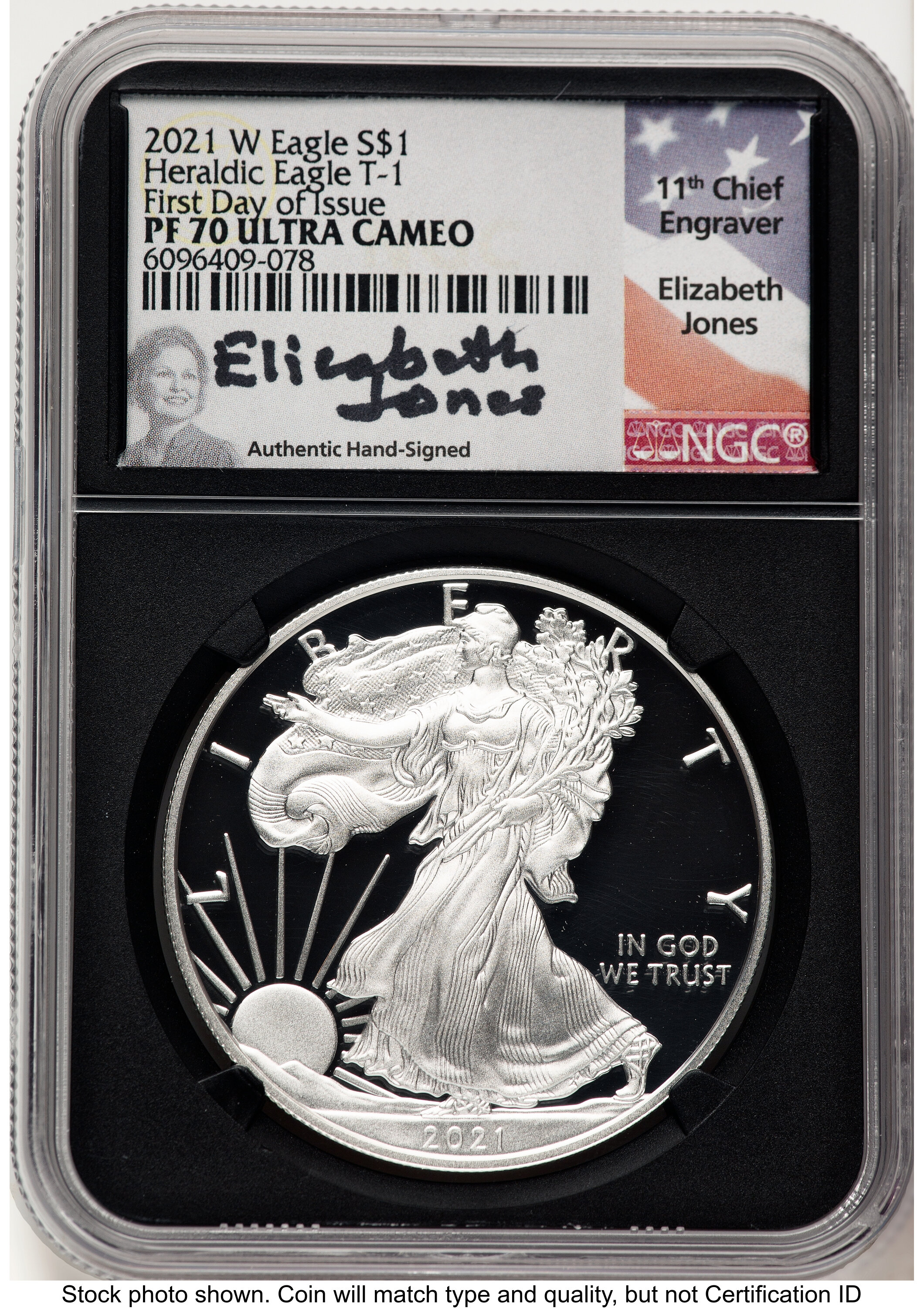 2021-W TY1 Proof Silver Eagle 1 oz FDI Elizabeth Jones Blk Core 70 NGC