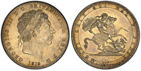 Edge: LIX. GEORGIUS III D: G: BRITANNIARUM REX F: D:. Laureate head right / HONI SOIT QUI MAL .Y PENSE. St. George slaying dragon right. KM 675; SCBC-3787. 63 PCGS