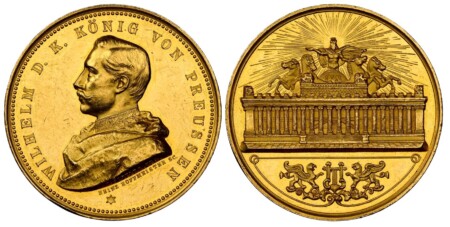 GERMAN STATES. Prussia. Wilhelm II. (Emperor, 1888-1918). (1888) AV Medal of 10 Ducats Weight. NGC MS62. By Heinz Hoffmeister (Obv.) & Otto Schultz (Rev.). Edge: Plain. 30mm. 34.92gm. WILHELM D . K . KÖNIG VON PREUSSEN. Uniform bust of the Emperor, left,  62 NGC