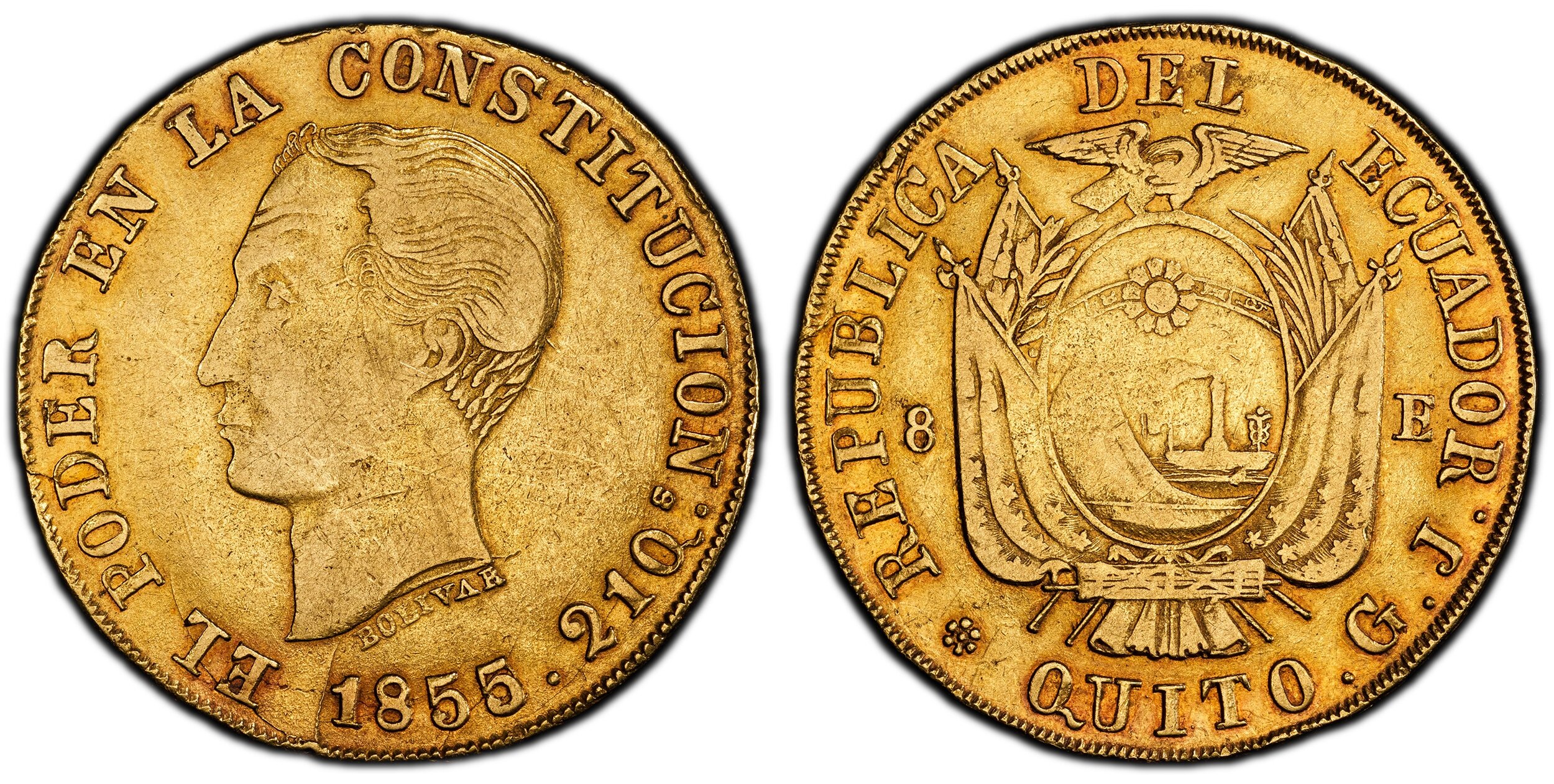 Quito. Flag-draped arms / Larger bust left. KM 34.1; Friedberg 8; Seppa/Anderson EC101; Onza 1174. Ex Ponterio & Associates (January 2008) Lot 1409. Includes old auction ticket. 40 PCGS