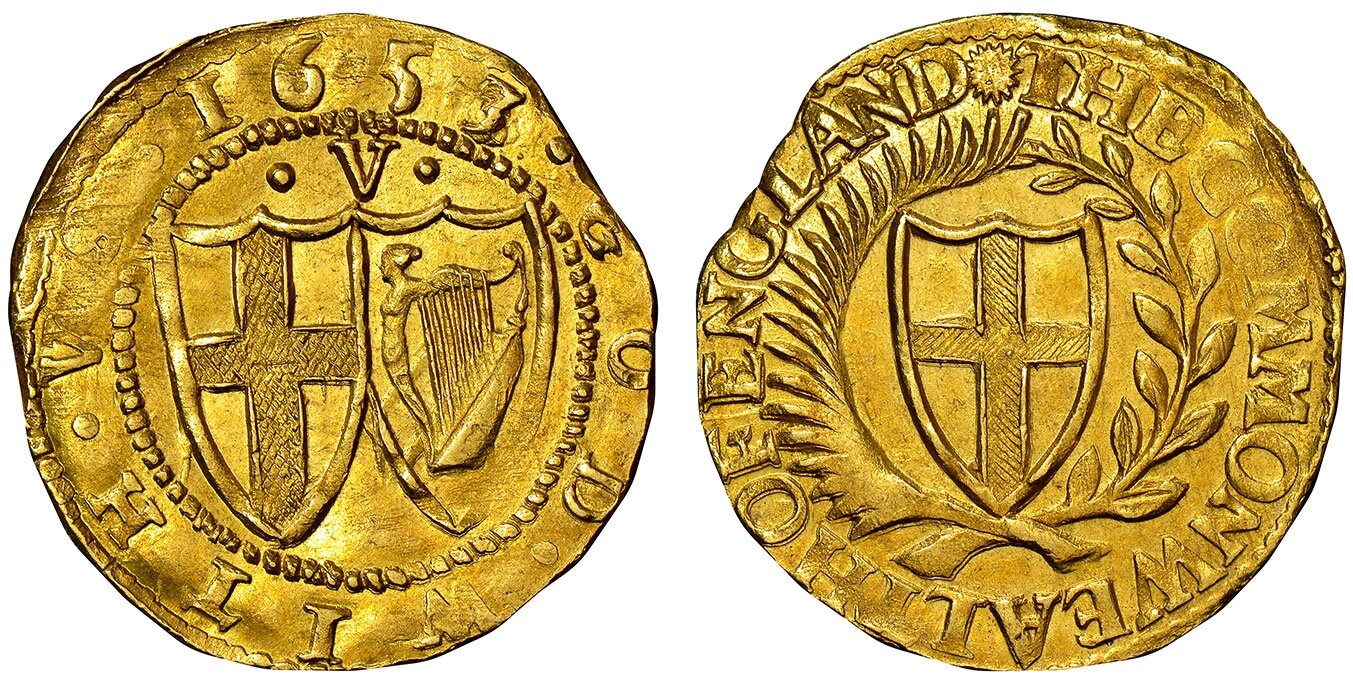 London mint. 2.24gm. THE COMMONWEALTH OF ENGLAND. Coat-of-arms within wreath / GOD · WITH · VS · 165(3 over 2 over 0). Two coats-of-arms, denomination above. SCBC-3212; Friedberg 271; Schneider 360; North 2719. The first British type to have legends in pl 65 NGC