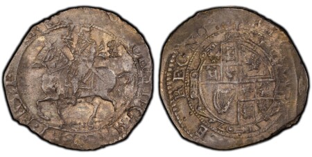 Chester mint. CHST in exergue. Charles I on horseback riding left, plume behind / Garnished oval coat of arms. SCBC-3130; North 2627/1; Brooker 1111. Struck under Lord Byron as an emergency issue during the English Civil War. 50 PCGS