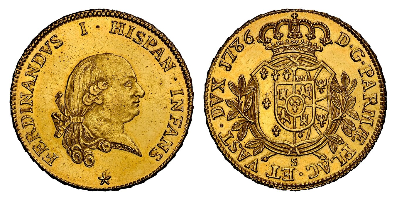 56.91gm. FERDINANDVS  I · HISPAN · INFANS. Head right / D · G · PARMÆ  PLAC · ET VAST · DVX. Crowned arms in leafy sprigs. KM C-22a. Rare; Friedberg 926; CNI 63; MIR 1057/1. Very rare type struck to the weight of 16 ducati. Ex Adolph Hess - Bank Leu, Münz 61 NGC