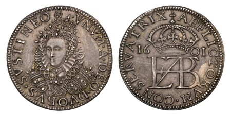 VNVM . A . DEO . DVOBVS . SVSTINEO . . Crowned facing bust wearing large ruff / AFFLICTORVM . CONSER VATRIX . Crowned monogram divides date. Peck 8; North 2050. The relief of distress refers to the passage of the Elizabethan Poor Relief Law (1601), an act 50 NGC