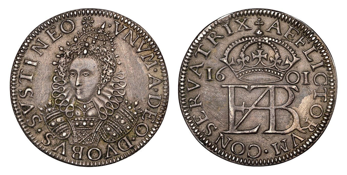 VNVM . A . DEO . DVOBVS . SVSTINEO . . Crowned facing bust wearing large ruff / AFFLICTORVM . CONSER VATRIX . Crowned monogram divides date. Peck 8; North 2050. The relief of distress refers to the passage of the Elizabethan Poor Relief Law (1601), an act 50 NGC