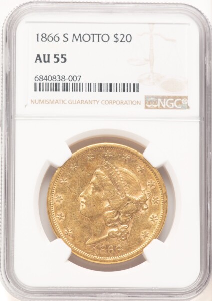 1866-S $20 MOTTO 55 NGC