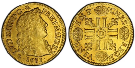 FRANCE. Louis XIV. 1681-D AV Louis d'Or. PCGS MS63. Lyon. Bust, right / Cruciform of crowned LLs; a lis in each angle. KM 219.3; Gad.-247 63 PCGS