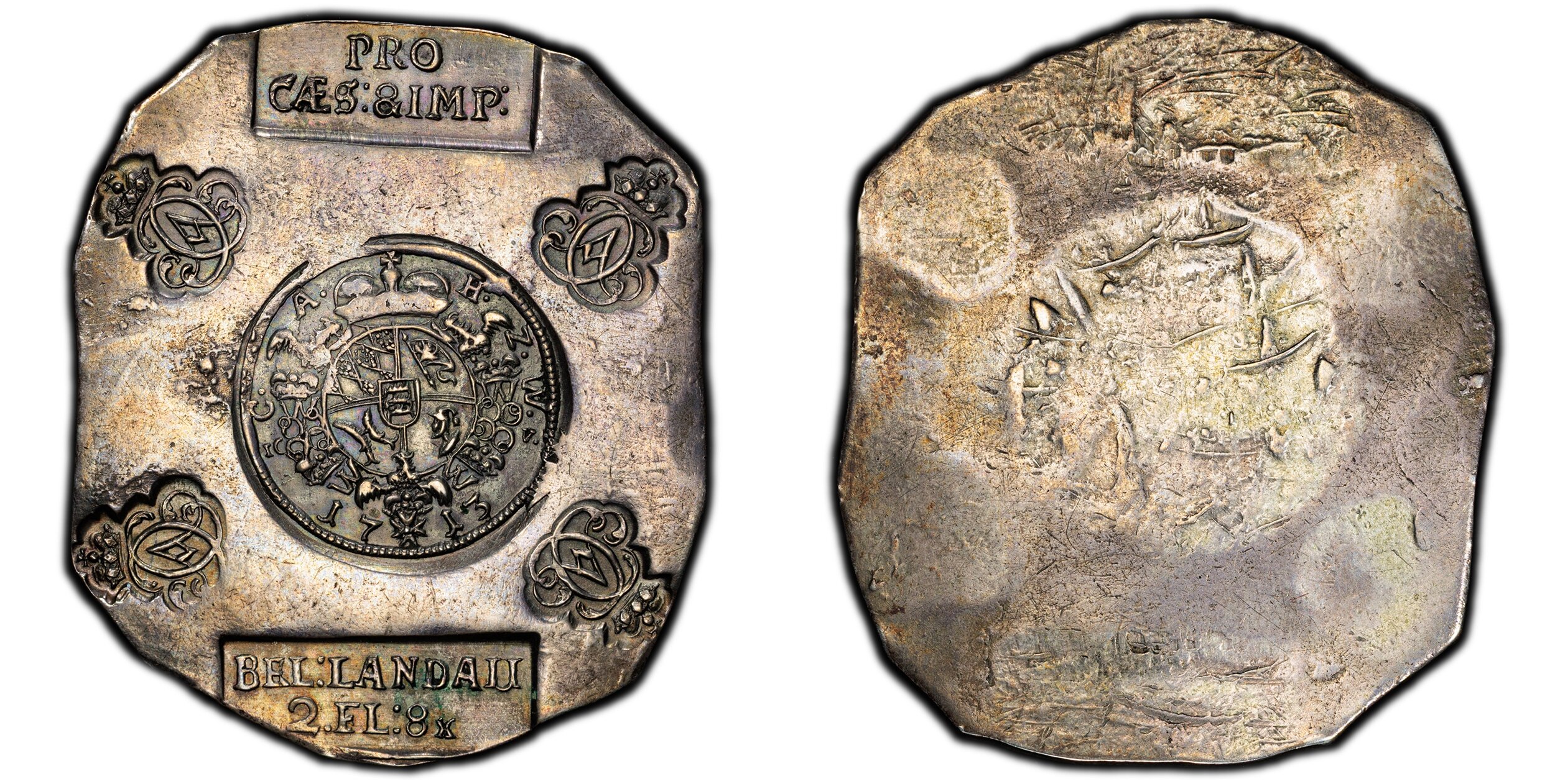 GERMAN STATES. Landau. Charles Alexander of  Württemberg. 1713 AR Uniface 2 Florin 8 Kreuzer, Klippe. PCGS AU55. 46mm. 21.51gm. PRO/ CÆS: &IMP// BEL:LANDAU/ 2 F:8 k. Crowned arms divides I C - V. to either side; C•A• - H•Z•W• (Carl Alexander Herzog zu Wür 55 PCGS