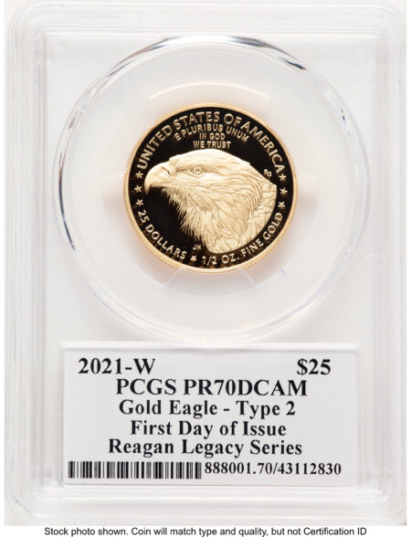 2021-W Type 2 Proof Gold Eagle 1/2 oz FDI Reagan Legacy Series Michael Reagan 70 PCGS