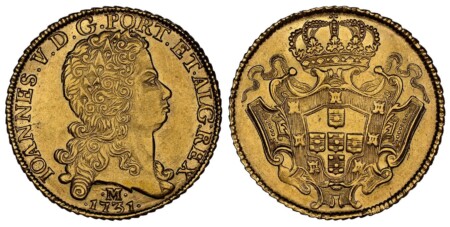 Minas Gerais. IOANNES · V · D · G · PORT · ET · ALG · REX. Laureate head right / Arms on crowned ornate shield. KM 139; LMB-287a 62 NGC