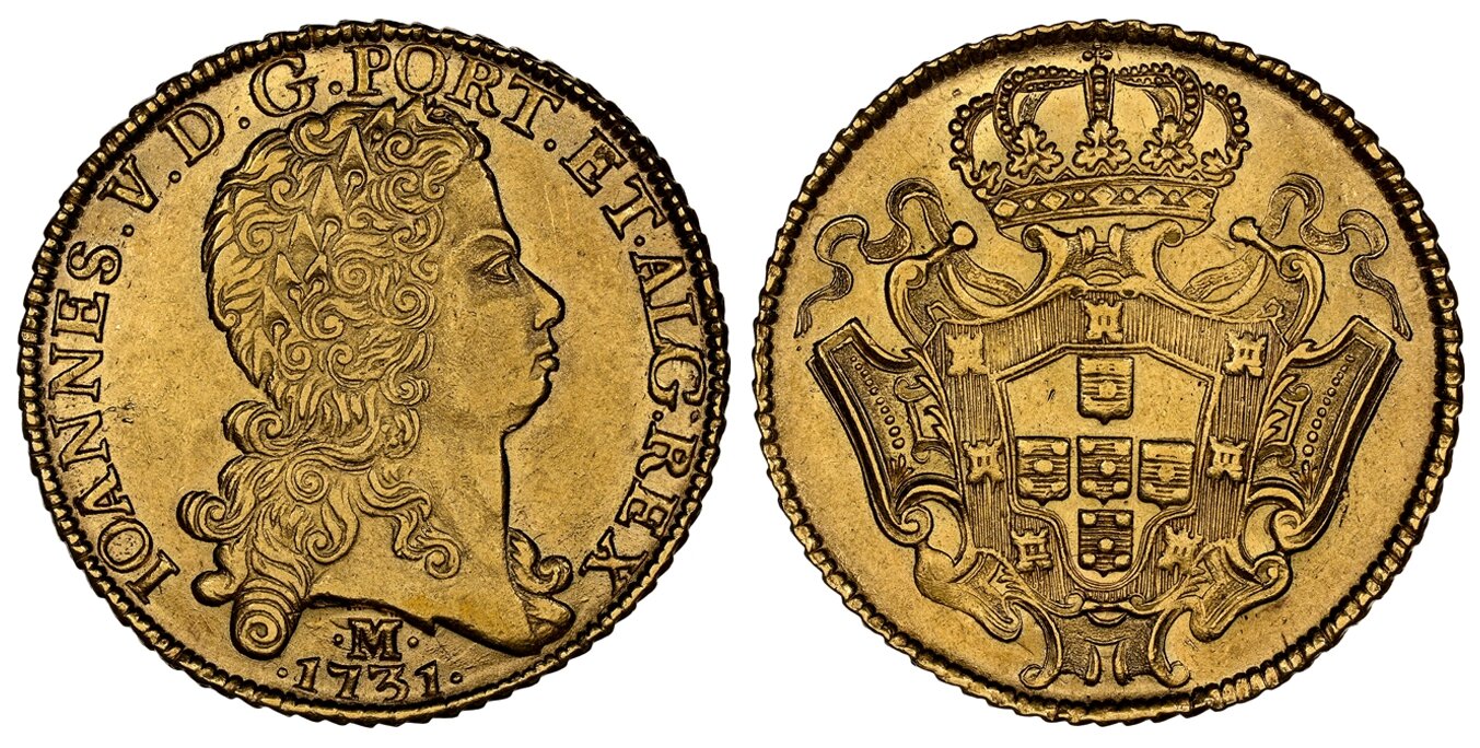 Minas Gerais. IOANNES · V · D · G · PORT · ET · ALG · REX. Laureate head right / Arms on crowned ornate shield. KM 139; LMB-287a 62 NGC