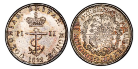 London. 32mm. 13.45gm. GEORGIUS IV D: G: BRITANNIARUM RED F: D:. Crowned anchor / COLONIAR: BRITAN: MONET:. Arms on ornate shield. KM 4; Pridmore 8. 65 PCGS