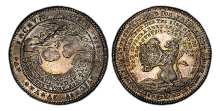 GERMAN STATES. Hohenlohe-Neuenstein-Oehringen. Johann Friedrich II. 1730 N (Paul Gottlieb Nürnberger) AR Thaler. PCGS MS63. Nürnberg. 29.20gm. IOH. FRIDERICVS LINEAE HOHENLOH - NEVENSTEINENSIS DEDIT ET EREXIT PIIS*, above lion in 3 lines; GOTT SEY GEDANCK 63 PCGS